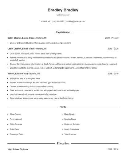 Cabin Cleaner Resume
