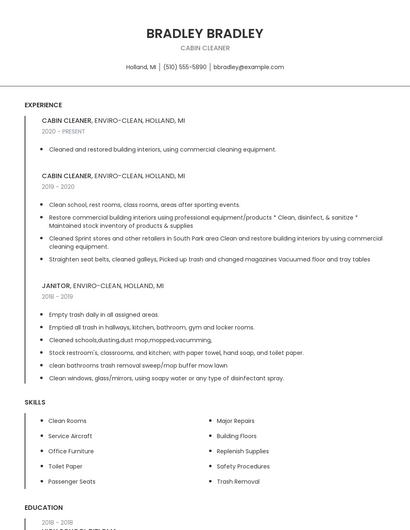 Cabin Cleaner Resume