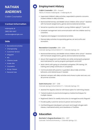 Cabin Counselor Resume