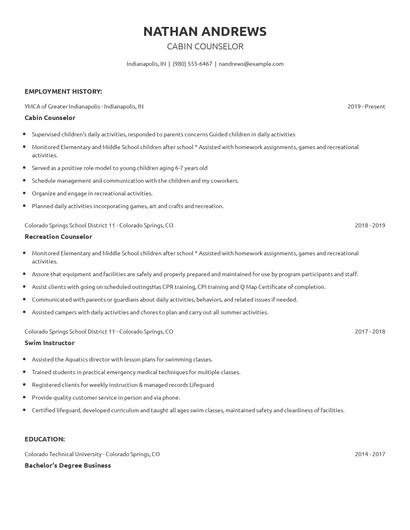 Cabin Counselor Resume