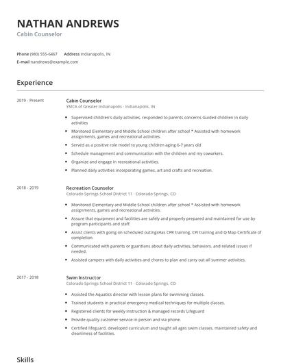 Cabin Counselor Resume