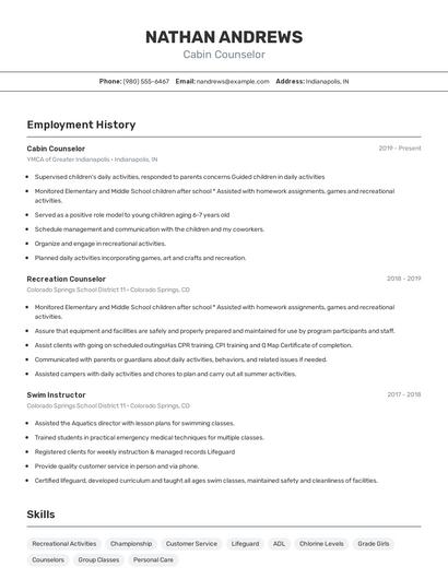 Cabin Counselor Resume