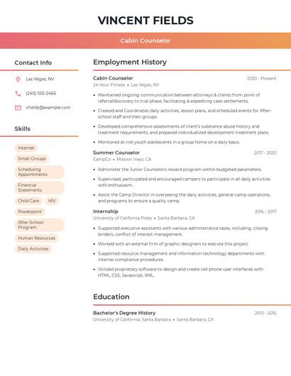 Cabin Counselor Resume