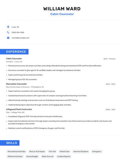 Cabin Counselor Resume