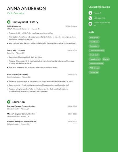 Cabin Counselor Resume