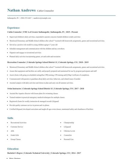 Cabin Counselor Resume