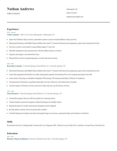 Cabin Counselor Resume