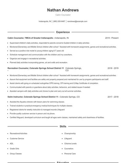 Cabin Counselor Resume