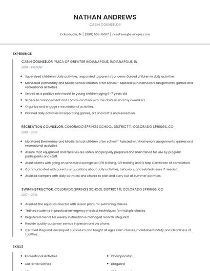 Cabin Counselor Resume