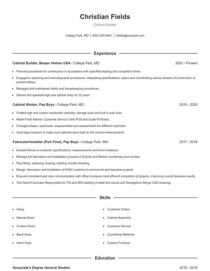 Cabinet Builder Resume