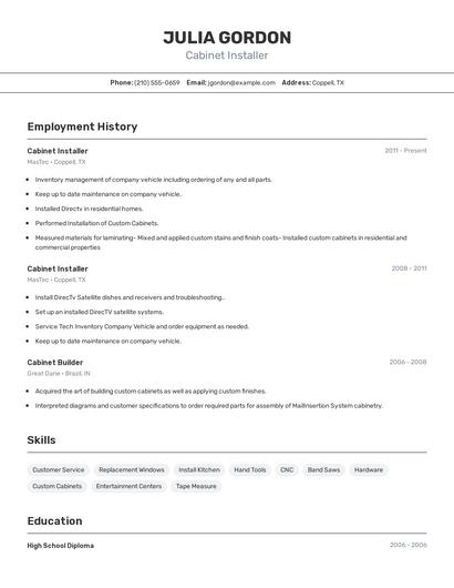 Cabinet Installer Resume