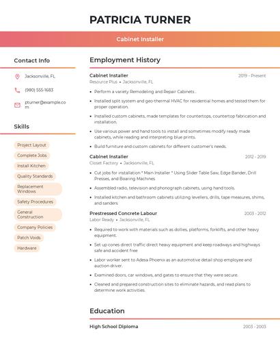 Cabinet Installer Resume