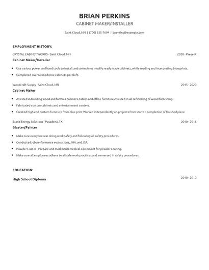 Cabinet Maker/Installer Resume