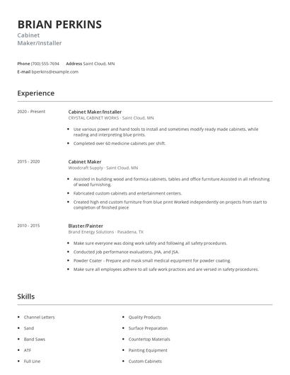 Cabinet Maker/Installer Resume