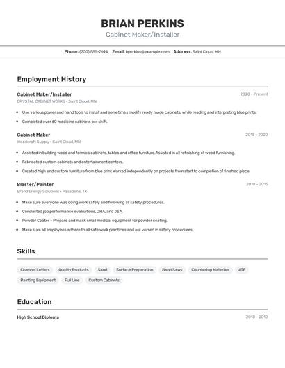 Cabinet Maker/Installer Resume