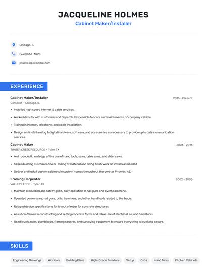 Cabinet Maker/Installer Resume