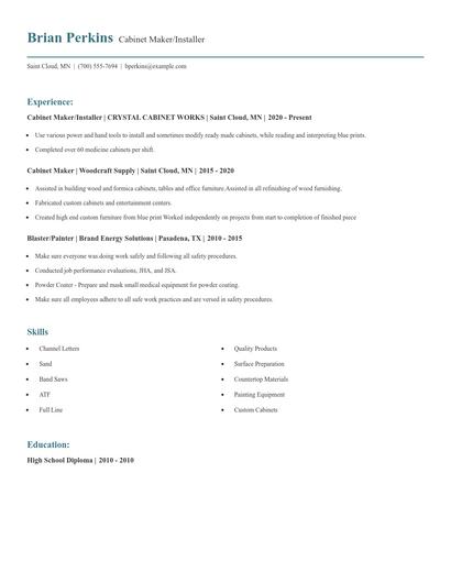 Cabinet Maker/Installer Resume