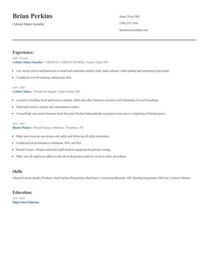 Cabinet Maker/Installer Resume