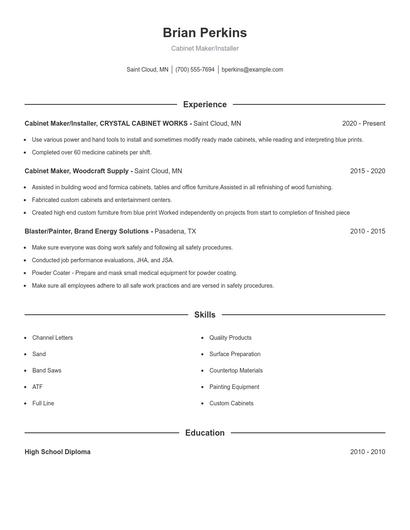 Cabinet Maker/Installer Resume