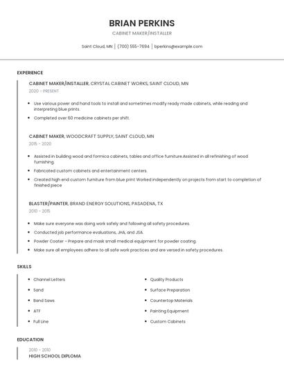 Cabinet Maker/Installer Resume