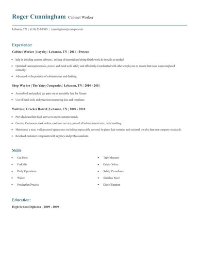 Cabinet Worker Resume