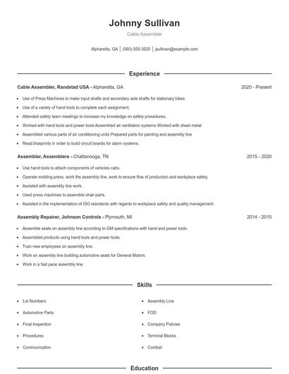 Cable Assembler Resume