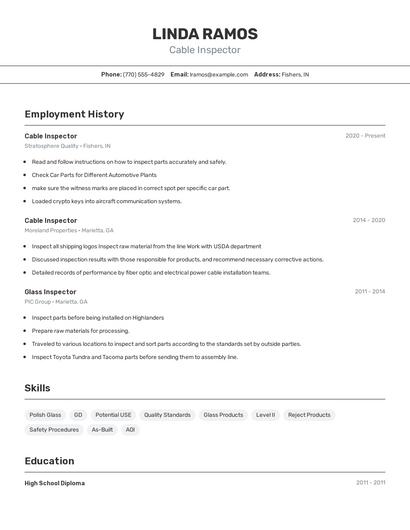 Cable Inspector Resume