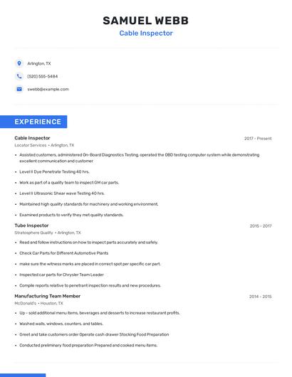 Cable Inspector Resume