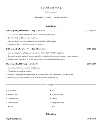 Cable Inspector Resume