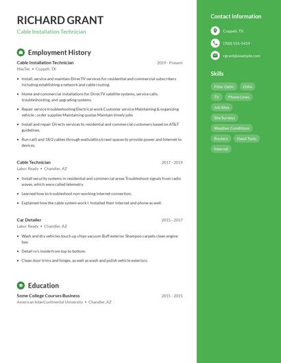 Cable Installation Technician Resume