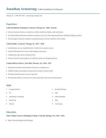 Cable Installation Technician Resume