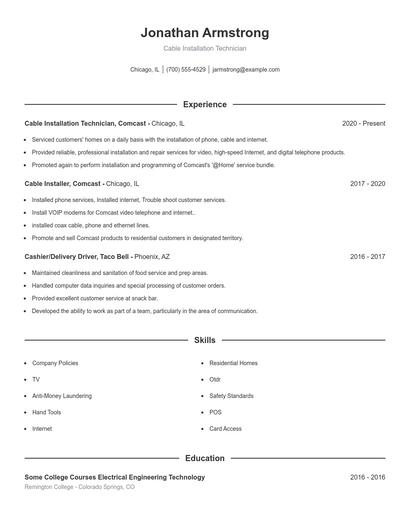 Cable Installation Technician Resume