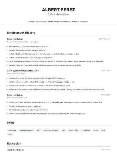 Cable Maintainer Resume