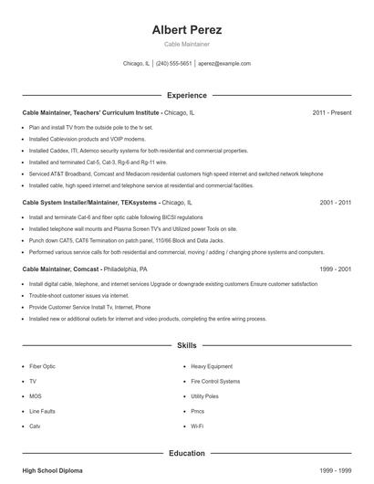 Cable Maintainer Resume