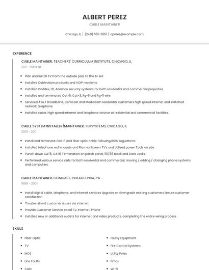 Cable Maintainer Resume