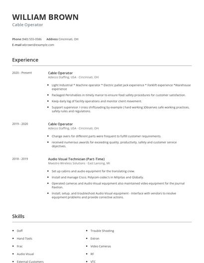 Cable Operator Resume
