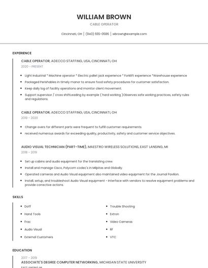 Cable Operator Resume