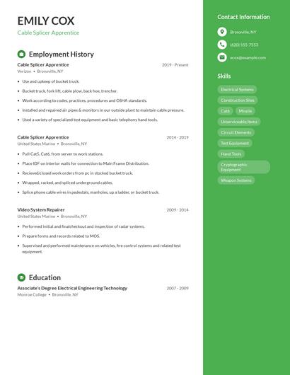 Cable Splicer Apprentice Resume