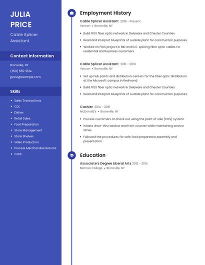 Cable Splicer Assistant Resume