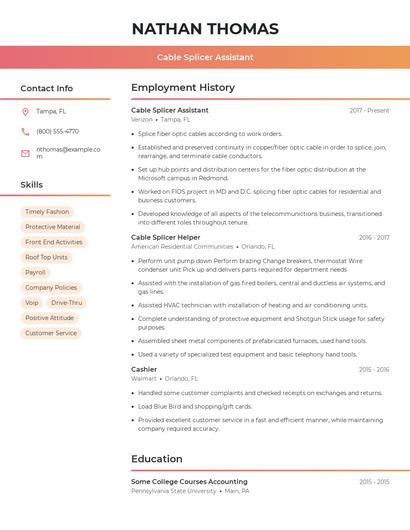 Cable Splicer Assistant Resume