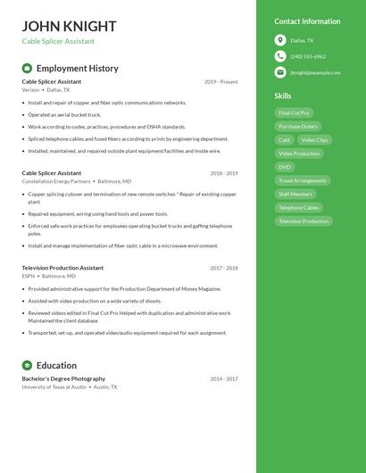 Cable Splicer Assistant Resume