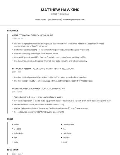 Cable Technician Resume