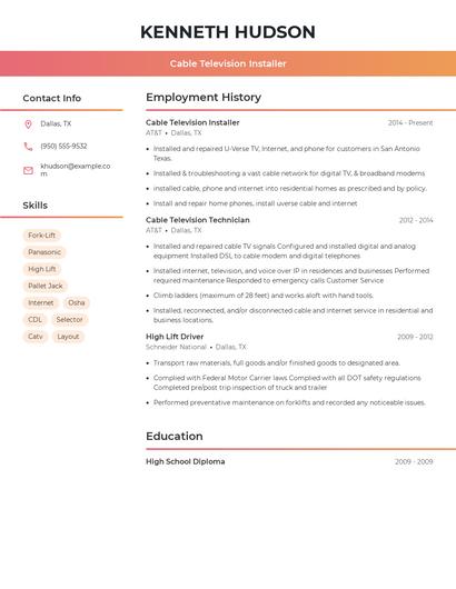 Cable Television Installer Resume