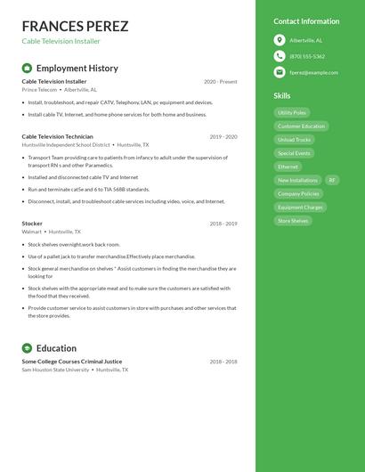 Cable Television Installer Resume