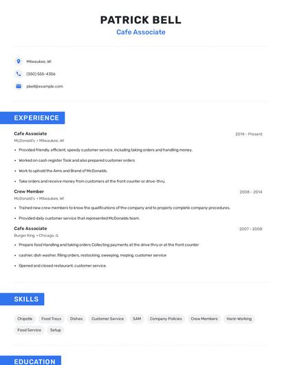 Cafe Associate Resume
