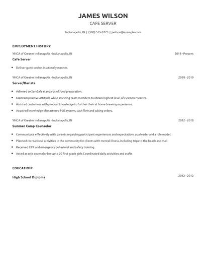 Cafe Server Resume