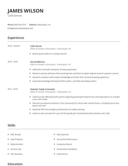 Cafe Server Resume