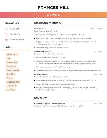 Cafe Worker Resume