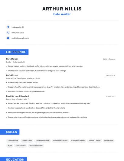 Cafe Worker Resume