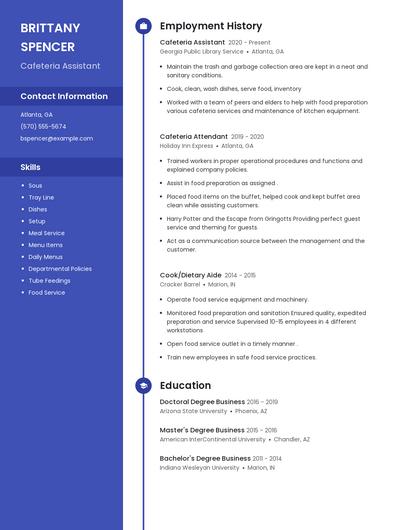 Cafeteria Assistant Resume